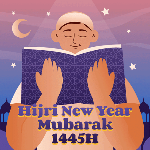 An Illustration Of A Man Reading A Book With The Words Hijri New Year Mubarak 1441H Below Him GIF