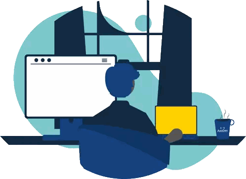 an illustration of a man sitting at a desk with a laptop and a cup of coffee that says ascodev on it