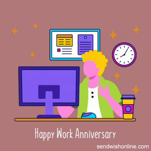 An Illustration Of A Man Sitting In Front Of A Computer With The Words Happy Work Anniversary GIF
