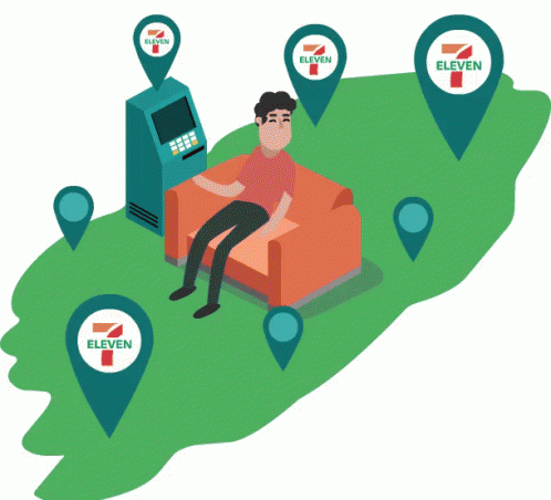An Illustration Of A Man Sitting On A Couch In Front Of A 7 Eleven Machine GIF