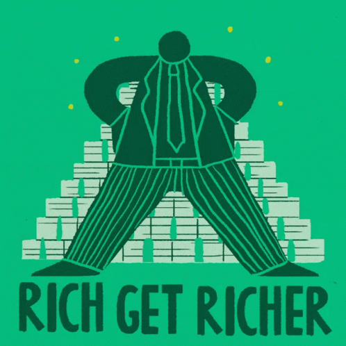 An Illustration Of A Man Standing In Front Of A Pile Of Money With The Words Rich Get Richer Written Below Him GIF