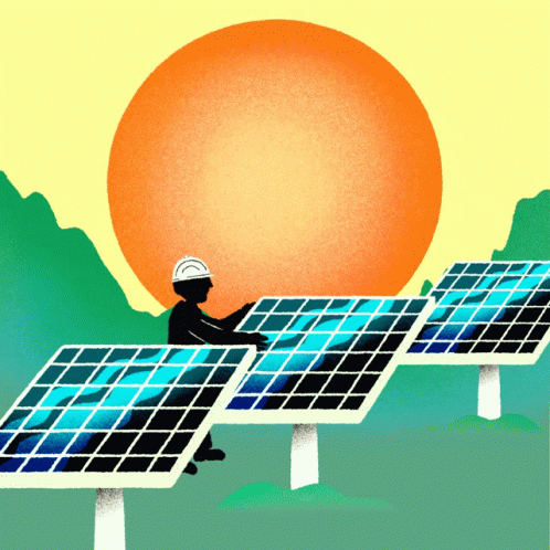 An Illustration Of A Man Working On Solar Panels With A Large Sun In The Background GIF