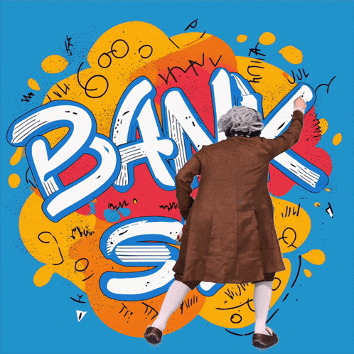 An Illustration Of A Man Writing The Word Bank GIF