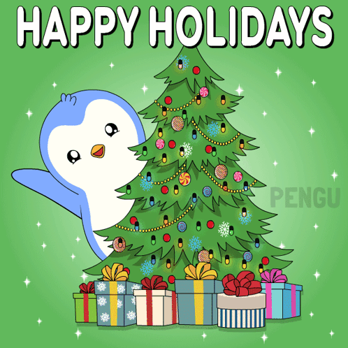 An Illustration Of A Penguin Decorating A Christmas Tree With The Words Happy Holidays Behind It GIF