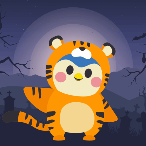 An Illustration Of A Penguin Dressed As A Tiger For Halloween GIF