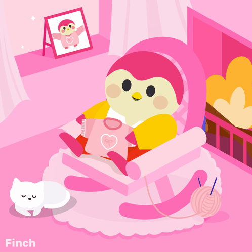 An Illustration Of A Penguin Sitting In A Rocking Chair With The Name Finch On The Bottom Right GIF