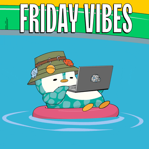 An Illustration Of A Penguin Using A Laptop With The Words Friday Vibes Above It GIF
