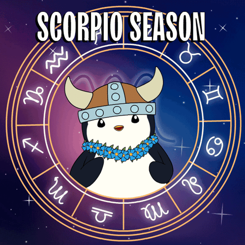 An Illustration Of A Penguin Wearing A Viking Helmet With The Words Scorpio Season GIF