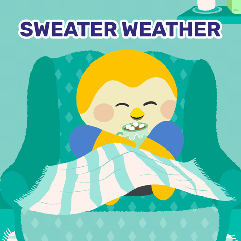 An Illustration Of A Penguin Wrapped In A Blanket With The Words " Sweater Weather " Above It GIF