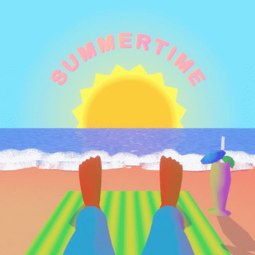 An Illustration Of A Person Laying On A Beach With The Words Summertime In Pink GIF