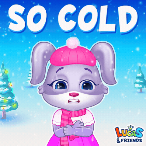 An Illustration Of A Rabbit Wearing A Pink Hat And Scarf With The Words So Cold Above It GIF