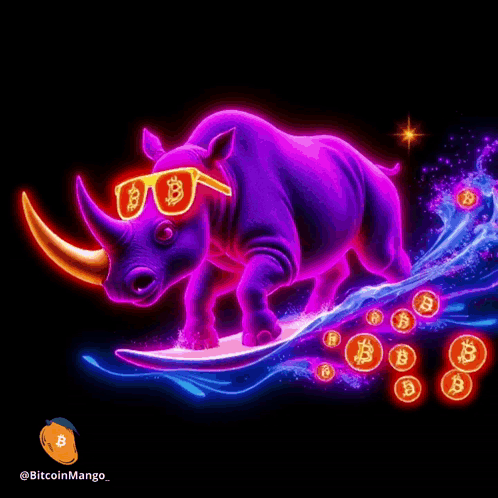 An Illustration Of A Rhino Wearing Sunglasses And Riding A Surfboard Surrounded By Bitcoin Coins GIF