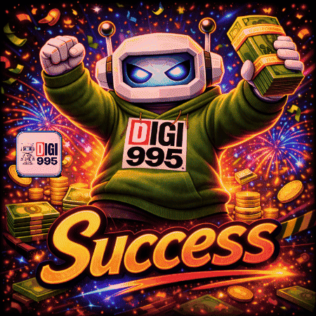 An Illustration Of A Robot Holding A Stack Of Money With The Words Success Below It GIF