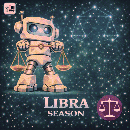 An Illustration Of A Robot Holding Scales And The Words Libra Season Below It GIF