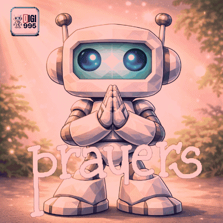 An Illustration Of A Robot Praying With The Word Prayers Behind Him GIF