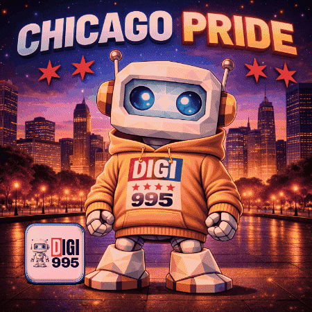 An Illustration Of A Robot Wearing A Hoodie That Says Chicago Pride GIF