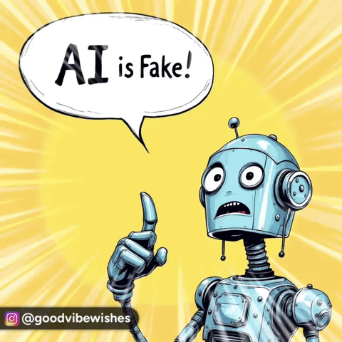 an illustration of a robot with a speech bubble that says ai is fake