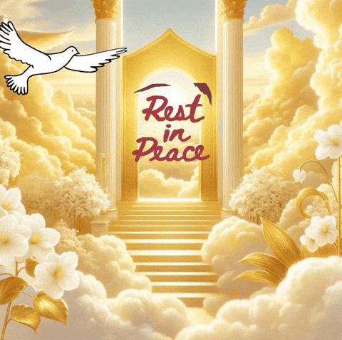 an illustration of a stairway to heaven with the words rest in peace