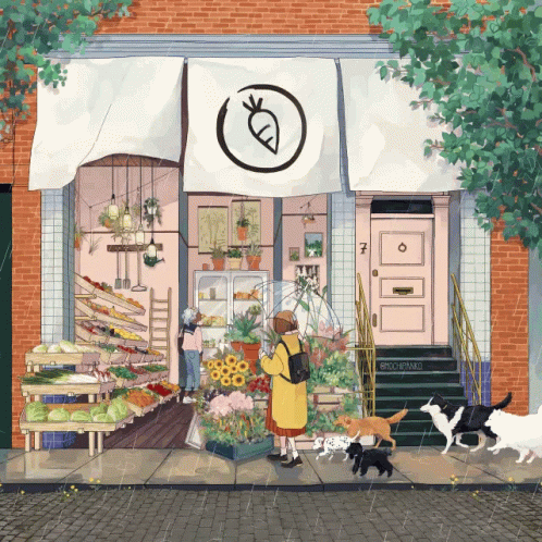 An Illustration Of A Store Front With A Carrot Logo On It GIF
