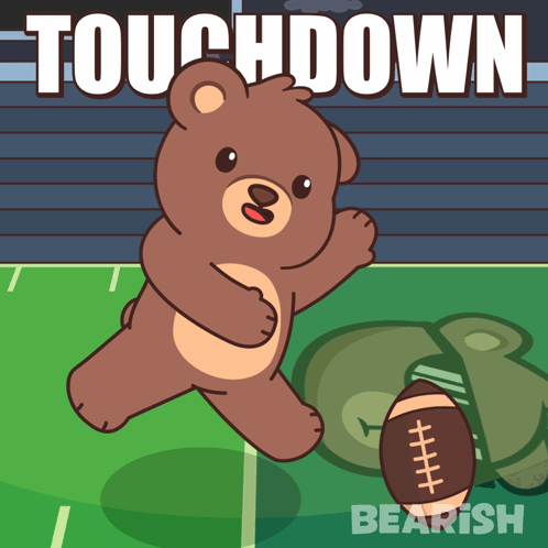 An Illustration Of A Teddy Bear Holding A Football With The Words Touchdown Behind Him GIF