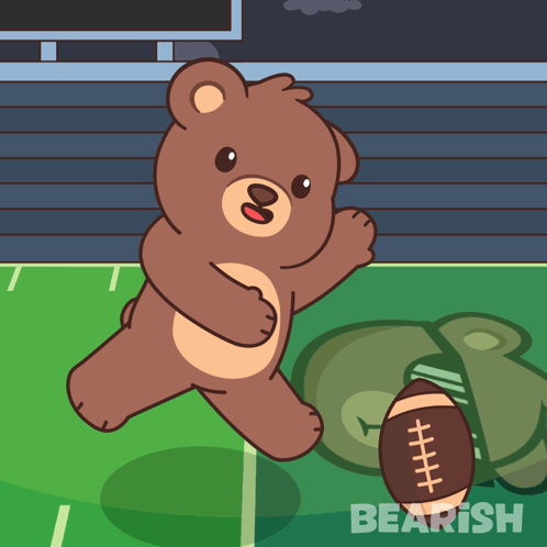 An Illustration Of A Teddy Bear Kicking A Football With The Word Bearish Behind It GIF