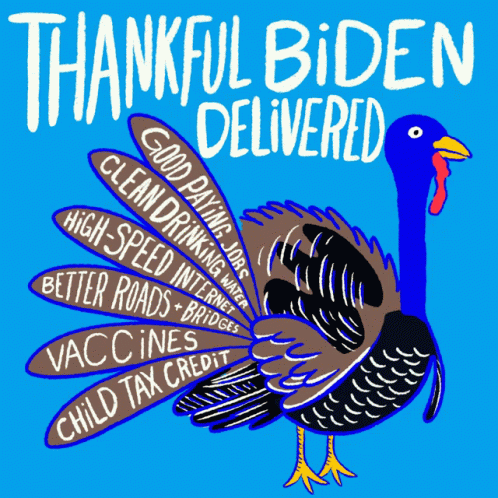 An Illustration Of A Turkey With The Words Thankful Biden Delivered Written Above It GIF