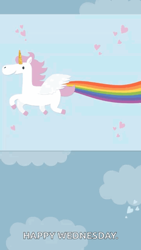 An Illustration Of A Unicorn With A Rainbow Tail And The Words Happy Wednesday GIF
