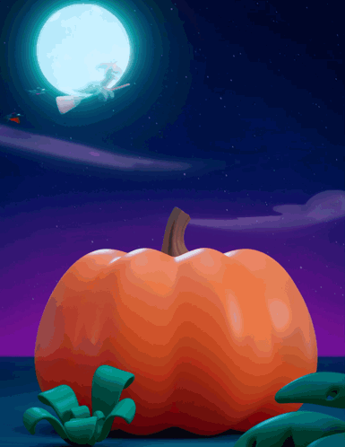 an illustration of a witch on a broom flying over a pumpkin