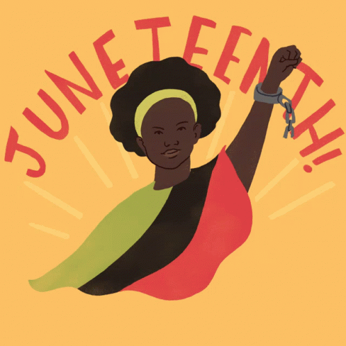An Illustration Of A Woman Holding A Fist In The Air With The Words Juneteenth Written Around Her GIF