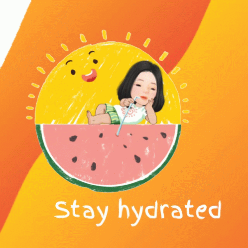 an illustration of a woman laying in a slice of watermelon with the words " stay hydrated " below it