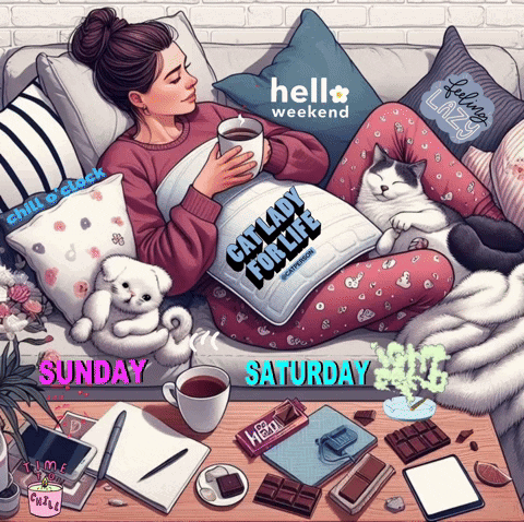 An Illustration Of A Woman Laying On A Couch Holding A Cup Of Coffee And A Pillow That Says Cat Lady For Life GIF
