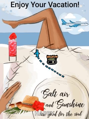 An Illustration Of A Woman Laying On The Beach With The Words Enjoy Your Vacation GIF