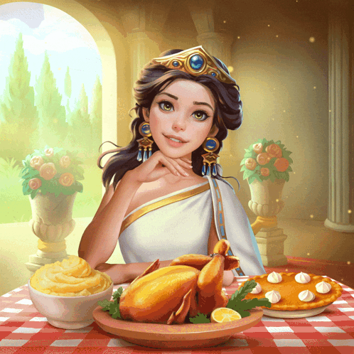 An Illustration Of A Woman Sitting At A Table With Food GIF