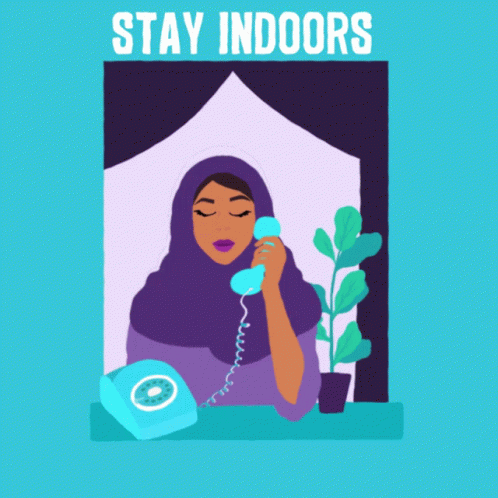 An Illustration Of A Woman Talking On A Phone With The Words " Stay Indoors But Stay Connected " GIF