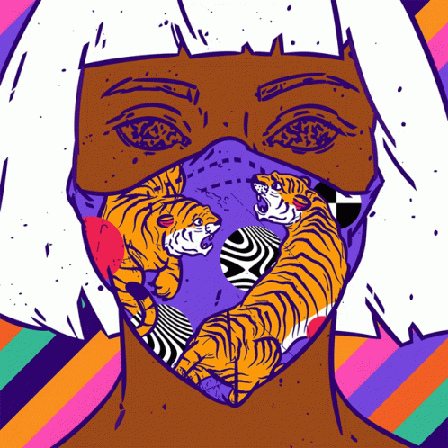 An Illustration Of A Woman Wearing A Mask With Tigers On Her Face GIF