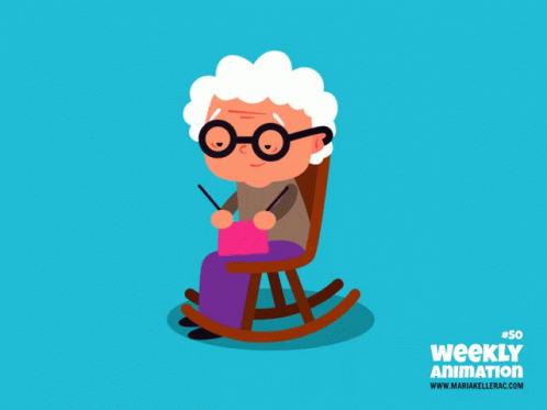 An Illustration Of An Elderly Woman Sitting In A Rocking Chair With Weekly Animation # 30 On The Bottom GIF