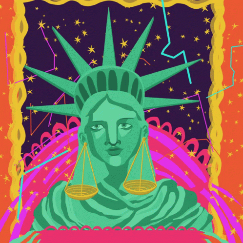 An Illustration Of The Statue Of Liberty With Scales On Her Head GIF