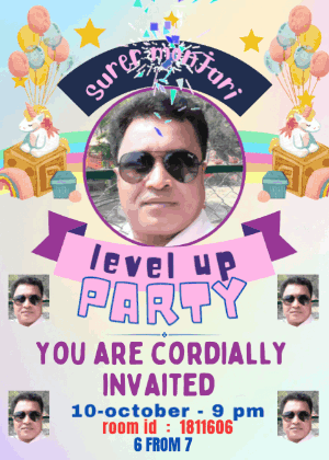 An Invitation To A Level Up Party With A Picture Of A Man In Sunglasses GIF