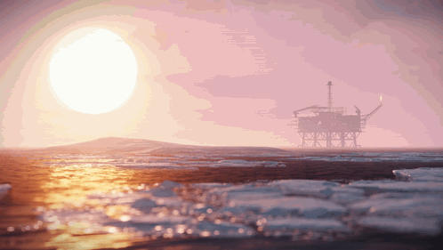 An Oil Rig In The Middle Of The Ocean With The Sun In The Background GIF
