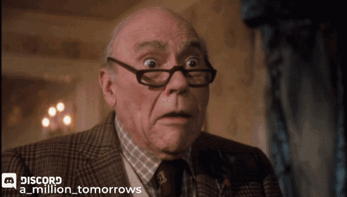 an old man wearing glasses and a suit has discord a million tomorrows written on the bottom right