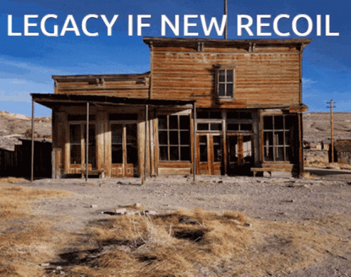 An Old Wooden Building With The Words " Legacy If New Recoil " Written Above It GIF