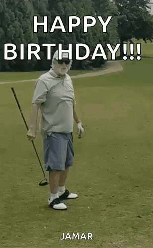 An Older Man Is Holding A Golf Club On A Golf Course And Dancing . GIF