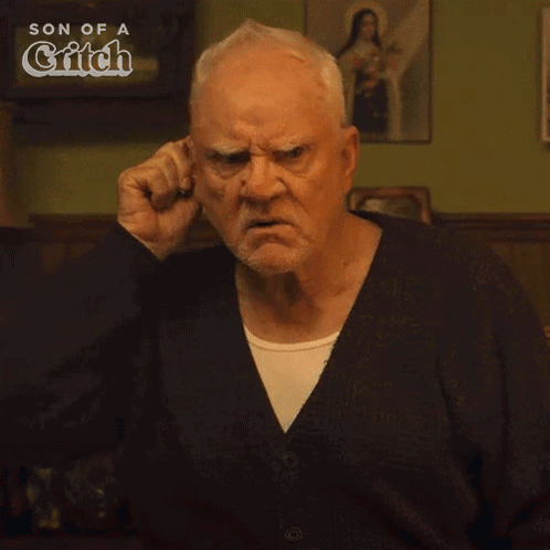 An Older Man Is Making A Funny Face With The Words Speak Up I Can 'T Hear You Below Him GIF