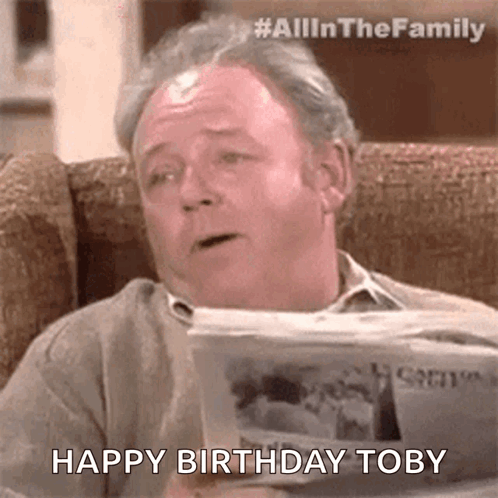 Older Man Reading Newspaper Saying Happy Birthday Toby GIF
