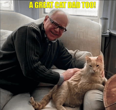An Older Man Petting A Cat On A Couch With The Caption A Great Cat Dad Too ! GIF