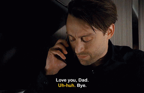 An Older Man Talking On A Cell Phone With The Words Love You Dad Uh-Huh Bye GIF