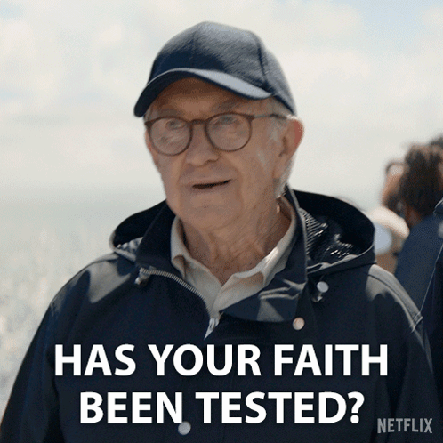 An Older Man Wearing Glasses And A Hat Is Asking Has Your Faith Been Tested GIF