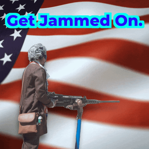 an older woman holding a gun in front of an american flag with the words get jammed on