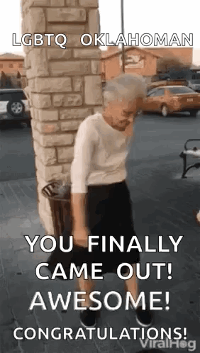 An Older Woman Is Dancing In Front Of A Brick Wall And Says `` You Finally Came Out Awesome ! '' GIF