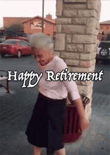 An Older Woman Is Dancing In Front Of A Brick Wall With The Words Happy Retirement Above Her GIF